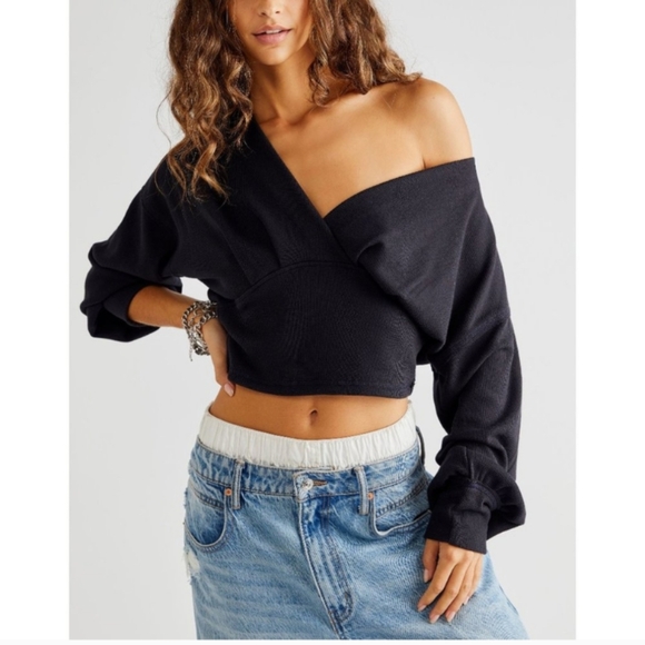 Free People Tops - Free People We the Free All Nighter Long Sleeve Surplice Crop Top- Black- Sz XS